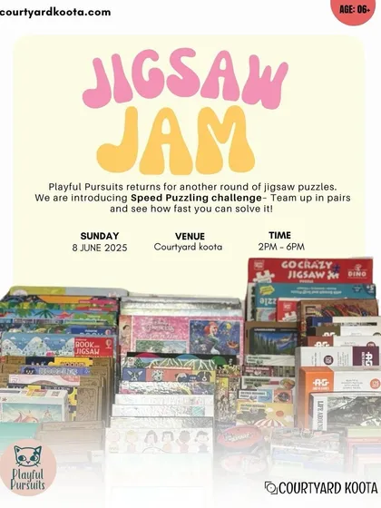 Poster for a Jigsaw Jam, highlighting the "Speed Puzzling Challenge" for those who love a friendly competition.