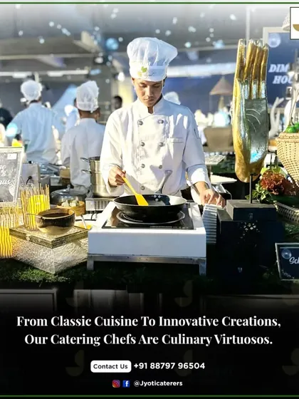 My chefs are the heart of the experience. Here, one of my culinary virtuosos is at a live station, expertly preparing a dish with focus and flair, ensuring every plate is served to perfection.