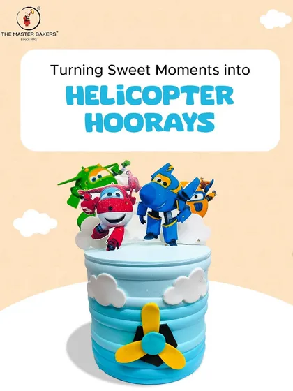 Taking birthday celebrations to new heights with this Super Wings helicopter cake. The bright blue design and character toppers make it a fun and exciting centerpiece for any young aviation fan.
