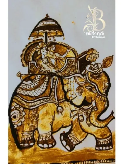 Creating art with henna is my passion. This is a close-up of a royal elephant design, showing a couple in a howdah. It's a very popular and regal choice for brides who want something unique.
