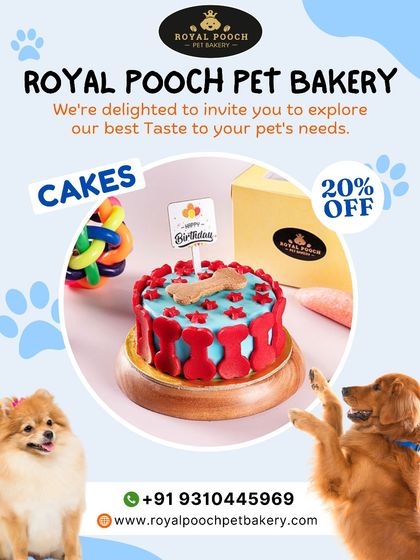 This vibrant blue and red cake is one of my most popular designs. It's decorated with bone-shaped biscuits, combining a fun look with a crunchy treat.