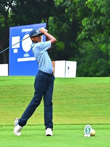 An action shot of Rayirth executing a perfect swing during the New Delhi Fall Local Tour, where he clinched the Winner's Title in Category C Boys.