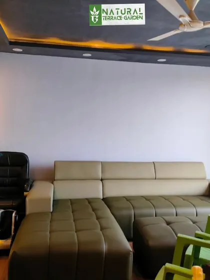 A view of the same terrace room, showing the stylish accent wall with integrated vertical lighting. This demonstrates how we add modern decorative touches to our enclosed structures.