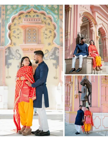 Ashish and Pallavi in traditional outfits at Patrika Gate. The vibrant colors of their attire and the gate's architecture create a visually stunning composition.