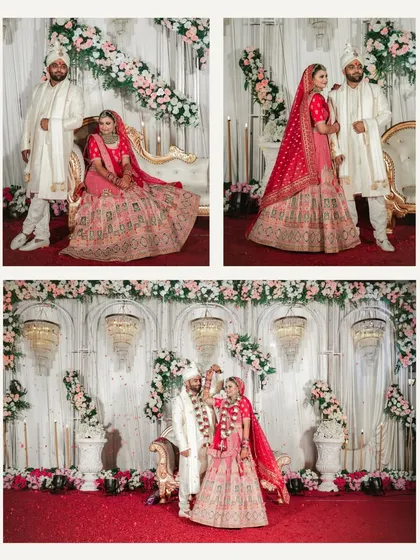 A collage showcasing different moments from the wedding stage, from formal poses to a candid dance. This highlights the variety of shots I capture during the main wedding event.