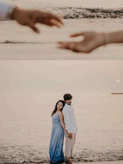 A two-part image showing a close-up of hands reaching for each other and a wider shot of the couple standing together by the sea.