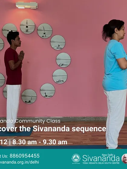 A glimpse into our Sivananda Community Class, where students learn the foundational sequence of our tradition. This image shows the focus and grace cultivated through the practice of asanas, guided by our experienced teachers.