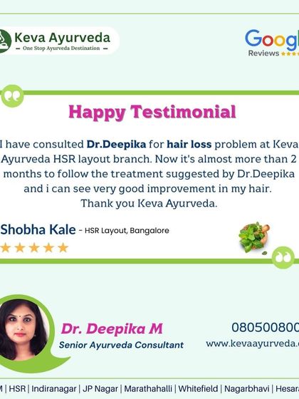 This happy testimonial for Dr. Deepika highlights the effectiveness of our hair loss treatments. After just two months of following the suggested plan, our patient saw very good improvement in her hair, showcasing the power of consistent Ayurvedic care.