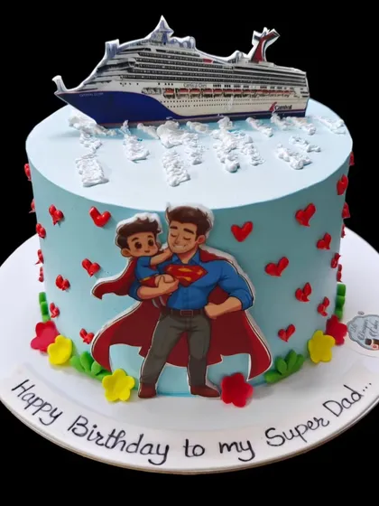 A "Super Dad" cake featuring a cruise ship. A sweet and personal cake for a dad who is his child's hero.