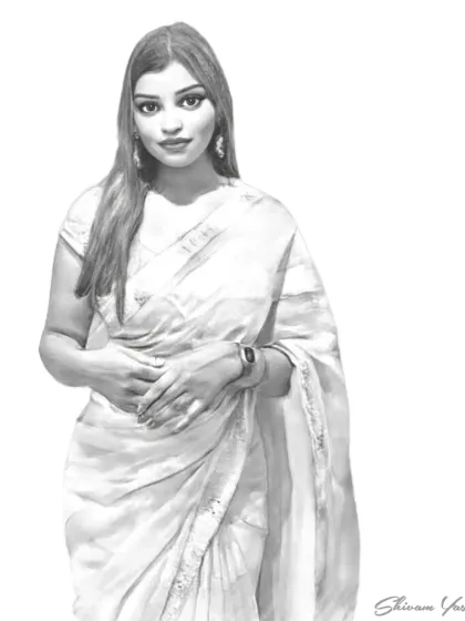 A lovely portrait of a client in a light-colored saree. The challenge here was to create the subtle folds and patterns with delicate shading.