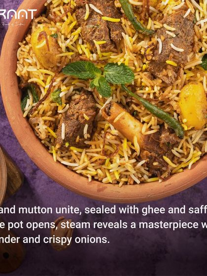 The grand finale of my Calcutta Mutton Biryani, where rice and mutton unite, sealed with ghee and saffron, and garnished with coriander and crispy onions.