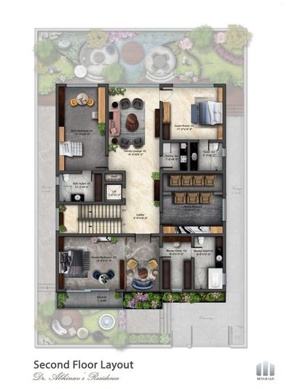 The second-floor layout for the 'Meraki' residence, detailing the private family spaces. The plan includes multiple bedrooms with attached toilets, a family lounge, and a home theater, all meticulously planned for comfort and luxury.