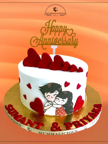 A simple yet heartfelt anniversary cake. The cute couple illustration and personalized names make this a wonderfully intimate way to celebrate your love for each other.