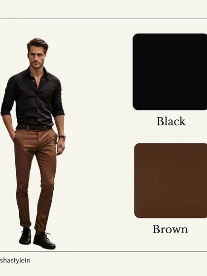 For a bold and confident look, pair your brown trousers with a crisp black shirt. This high-contrast combination is powerful and perfect for making a statement.
