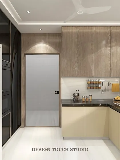 A 3D render of a modular kitchen, showcasing a perfect blend of beige matte finish cabinets, luxurious black marble countertops, and soft ambient lighting.