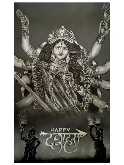 A charcoal powder artwork of Devi Maa for Dussehra. The black and white medium creates a dramatic and divine feel, highlighting the goddess's powerful form. This is an example of the spiritual and cultural art I love to create.