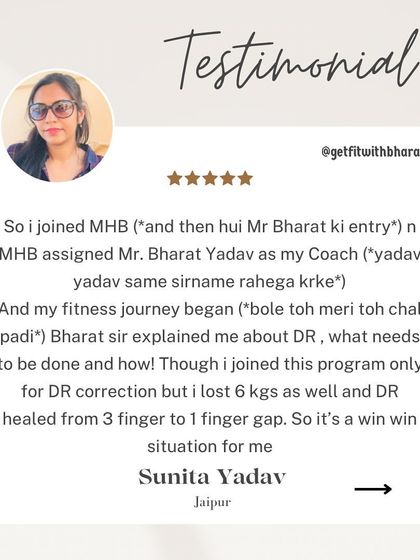Sunita healed her Diastasis Recti from a 3-finger gap to a 1-finger gap and lost 6 kgs. It was a win-win situation for her.