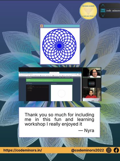 This image showcases a student's positive feedback from our Python Turtle Art workshop. It pairs her testimonial with a visual of the geometric art she created using Python code, demonstrating the blend of creativity and logic we teach.