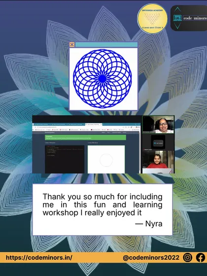 This image showcases a student's positive feedback from our Python Turtle Art workshop. It pairs her testimonial with a visual of the geometric art she created using Python code, demonstrating the blend of creativity and logic we teach.