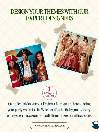 We bring your party vision to life with custom-crafted theme dresses for all occasions. This image highlights our versatility, showing examples of both a bridal theme and a fun pirate theme, proving we can design for any event.