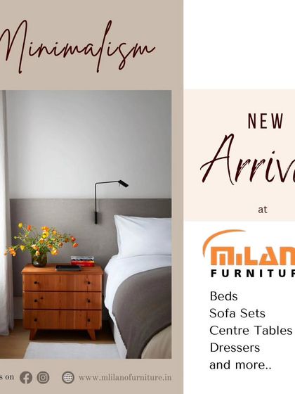 We are bringing the trend of minimalism to your home. This graphic announces new arrivals in beds, sofa sets, tables, and more.