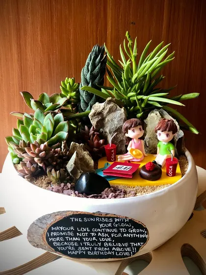 A birthday garden for a loved one. This one has a sweet little picnic scene and a custom message to make it extra personal. I truly believe plants make the best gifts.