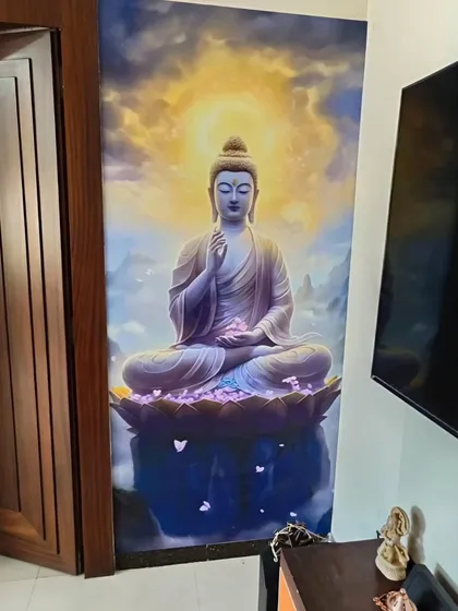 This full-wall Buddha mural creates a powerful sense of peace. Placed near a doorway, it transforms a simple wall into a source of calm and spiritual energy.