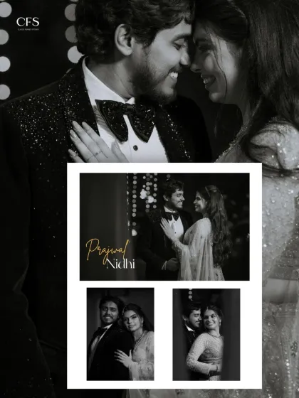 A collage of black and white reception photos that capture the couple's joy and intimacy. Monochrome adds a touch of classic Hollywood glamour to their story.