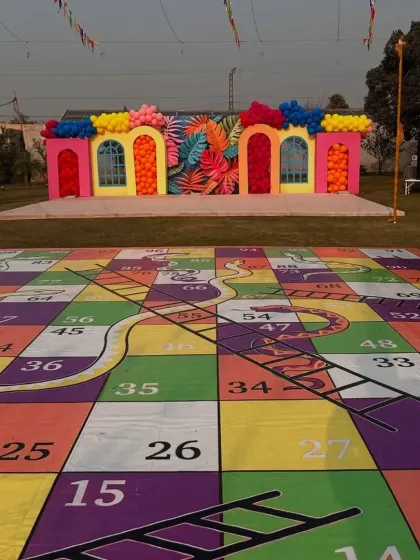 Pre-wedding functions should be fun. I designed this vibrant outdoor "Game Night" in Lonavala, complete with a life-sized Snakes and Ladders board, to bring guests of all ages together for a day of laughter and friendly competition.