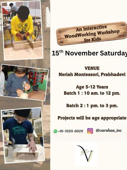 This poster announces an early start to Christmas projects with an experiential woodworking workshop. Kids get to saw, sand, and hammer their way to creating festive wooden crafts.