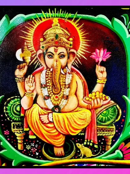 A portrait of Lord Ganesha, the remover of obstacles, holding a lotus and a bowl of sweets. I use a lot of color and shading to give the image depth.