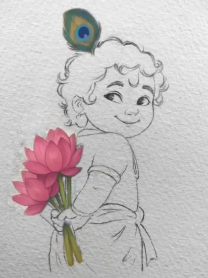 A finished pencil sketch of 'Nanhe Shyam' holding lotus flowers. I added a touch of digital color to the lotuses to make the image pop, blending traditional sketching with a modern twist.