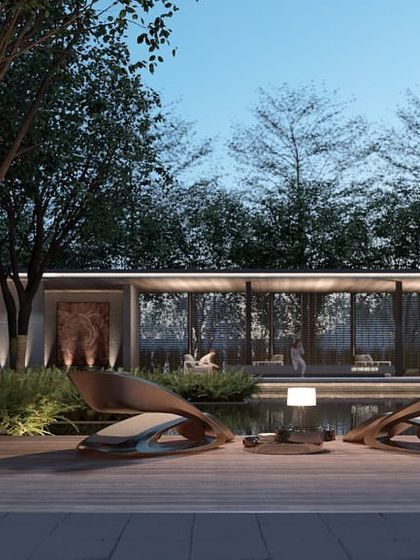 This render places the lounge chairs in a tranquil evening setting by a reflection pool, demonstrating their ability to transform an outdoor space into a luxurious retreat.