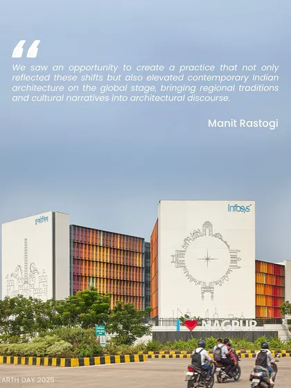 This image captures the Infosys Nagpur campus in its urban context, with a mural celebrating the city. It reflects our philosophy of creating architecture that is rooted in local culture and regional traditions.