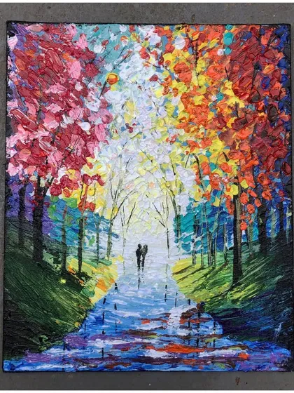 A full view of the "Walk To Remember" canvas. This textured, impressionistic style is one of the advanced techniques we explore in my classes.