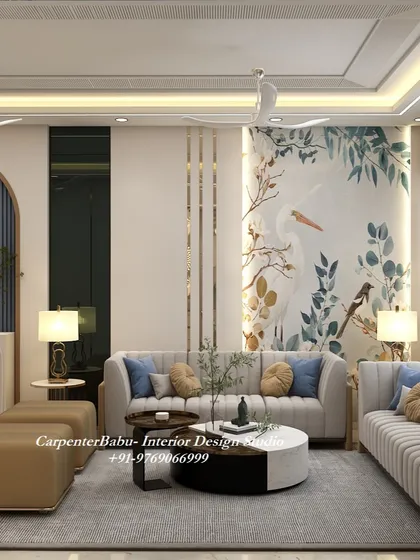 A living room with a large, beautiful mural that serves as a stunning backdrop for the modern sofa. The design is artistic, serene, and unique.