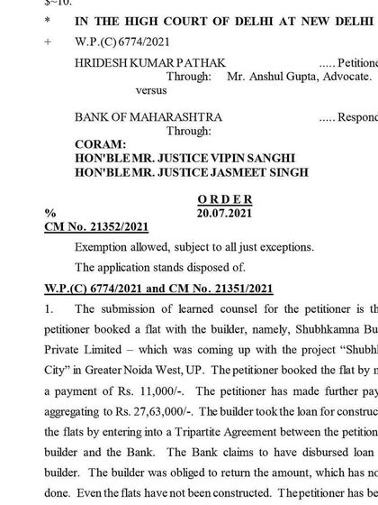 This is a Delhi High Court order from one of our cases. It documents the court's initial observation that the homebuyer was "taken for a ride" by the builder and the bank, leading to a stay on recovery proceedings initiated by the bank.