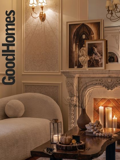 A cover-style shot for our GoodHomes India feature, capturing a cozy corner with a modern chaise lounge next to a classic, ornate fireplace.