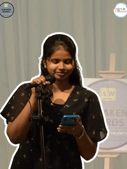 A performer reads her piece from her phone, showcasing modern storytelling.