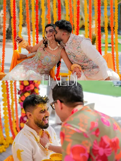 A collage showing the two sides of a Haldi ceremony: the sweet, romantic moments between the couple and the playful teasing from friends. We capture it all.