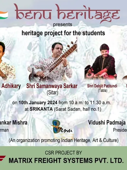 A poster for a morning concert for students, presented by Benu Heritage, featuring the outstanding duo Debapriya Adhikary da and Samanwaya Sarkar da.