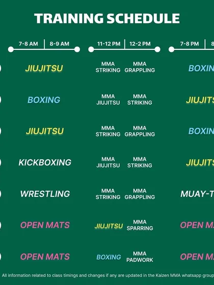 Here's our full training schedule. We've added more morning and evening slots for Jiu-Jitsu, Boxing, MMA, and more, plus open mats on weekends. Find a time that works for you and come for a trial class.