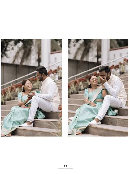 A candid diptych of Likith and Kusum sharing a laugh on the steps during their engagement day. These unposed moments are often the most cherished.