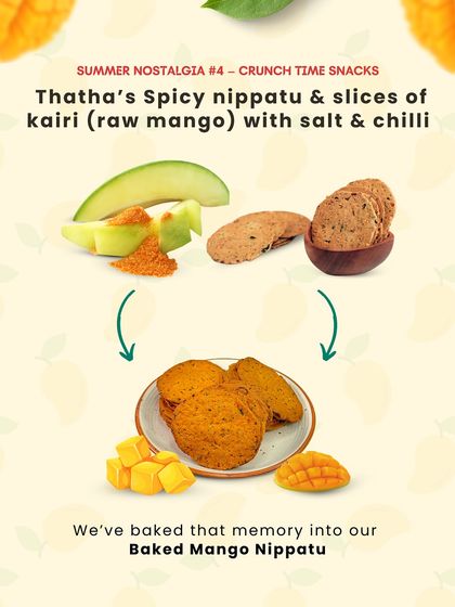 Inspired by the classic South Indian snack of spicy nippatu and raw mango, we created our Baked Mango Nippatu. It's a crunchy, savory biscuit with a surprising sweet and tangy mango twist.