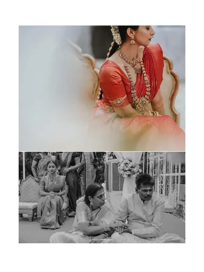 A collage showing the bride and her parents during the wedding rituals, capturing the solemnity and emotion of the moment.