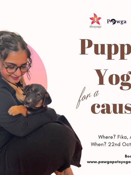 An event poster for our "Puppy Yoga for a Cause" session in Chennai, in partnership with Diva Yoga.