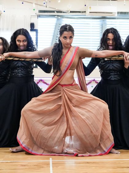 A fierce group pose from 'Sitayana' rehearsals. This behind-the-scenes shot shows the power and teamwork involved in creating a stage production.
