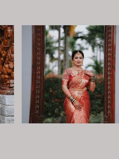 A diptych of the bride in her stunning red silk saree, posing at a resort venue. These portraits capture her elegance against a backdrop of traditional architecture.