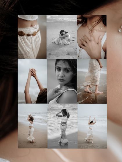 This creative grid mixes color and black and white images with close-up details from a beach session. It creates a moody, artistic feel for a fashion story.