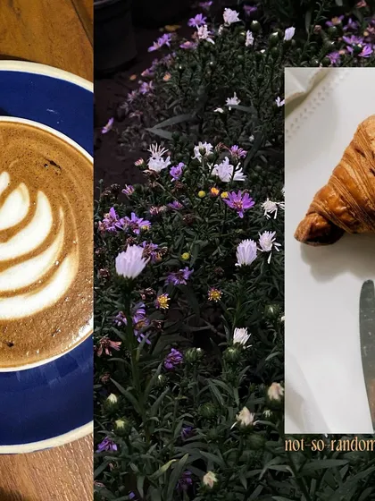 A moody collage of cafe life, with a perfect latte art, a fresh croissant, and purple flowers.
